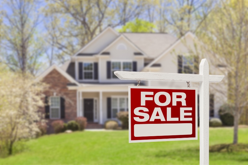 A For Sale sign is displayed in front of a suburban house with a well-kept lawn and trees in the background on a sunny day.